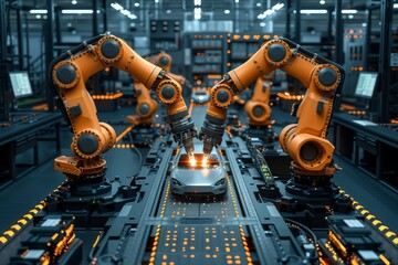 Poster - Advanced robotic arms engage in the assembly of a car, highlighting the intersection of technology and automotive industry