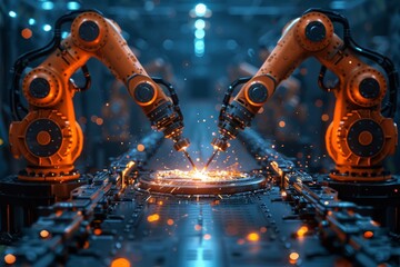 Poster - A dynamic image of robots welding with sparks, representing cutting-edge technology in manufacturing