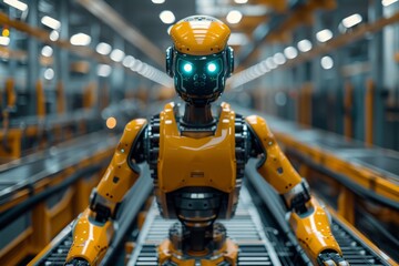 Poster - A humanoid robot with glowing green eyes stands in the center of a high-tech industrial warehouse, symbolizing the advancement of automation