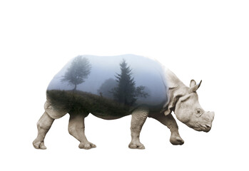 Sticker - Double exposure of big rhinoceros and trees on foggy morning