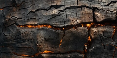 a captivating image showcasing dark charred wood contrasting with glowing orange cracks, signifying 