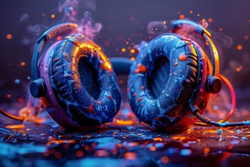 Poster - Intriguing digital art of a paint splash and smoke fusion on headphones set against a dark backdrop