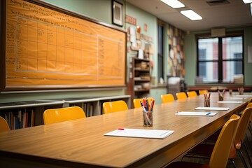 Leinwandbilder - A table with a blackboard, suitable for use in an office or a school classroom. The setting encourages productivity, creativity, and collaboration in various environments, Generative AI.