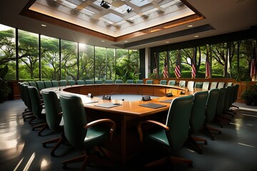 Leinwandbilder - A table with a blackboard, suitable for use in an office or a school classroom. The setting encourages productivity, creativity, and collaboration in various environments, Generative AI.