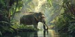 A calm and imposing elephant strolls by a gentle river, surrounded by the lush greenery of a tropical jungle bathed in the mystical light of dawn