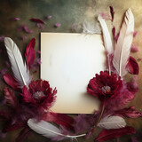 Fototapeta  - Kartka papieru otoczona bordowymi kwiatami i piórami. Kwiatowe tło z miejscem na tekst