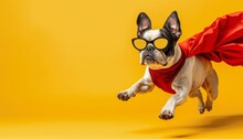 Cute Puppy Superhero In Costume Flying With Empty Space For Text On Pastel Backdrop