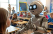 a humanoid robot teacher in front, teaching children at school. The setting is an elementary classroom with young students sitting behind desks and looking up to the teacher's face.