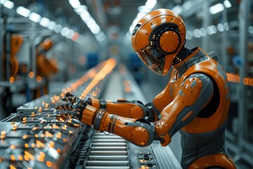 Poster - A humanoid robotic arm with intricate detail is operating in a high-tech manufacturing plant, signifying automation