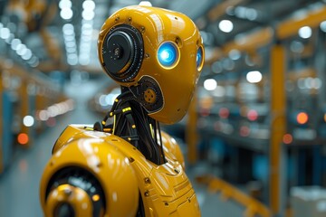 Poster - A close-up shot of an anthropomorphic robot's head with cool blue glowing eyes and intricate details