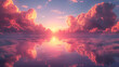 A magnificent sunrise unfolds, casting a soft, golden light over the tranquil waters below, while the clouds catch fire with hues of pink and orange, all captured flawlessly