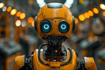 Poster - Close-up portrait of a futuristic robot head featuring glowing blue eyes, portraying advanced artificial intelligence