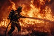 A courageous firefighter spraying water on a ferocious wildfire under a fiery sky