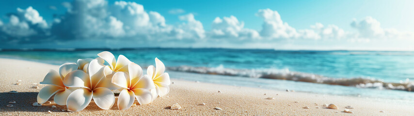 Wall Mural - Tropical Beach Panorama with Plumeria Flowers on Sand. copy space. Generative AI