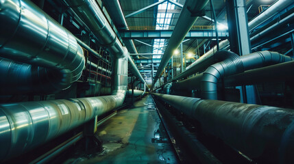Poster - big metal pipes in factory, business industry background 