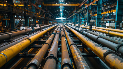 Poster - big metal pipes in factory, business industry background 
