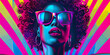 African American funk woman. Disco, funk and soul. Musical lifestyle background. Fashionable hippie girl