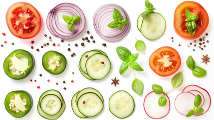 Wall Mural - Sliced and Whole Fresh Vegetables with Herbs and Spices on White Background. Generative AI