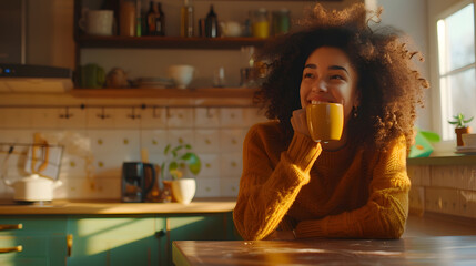 Poster - Portrait of happy freelancer lady enjoying cup of hot coffee in kitchen and smiling at camera free space Excited millennial woman sitting at table having break in work copy space : Generative AI
