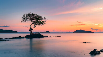 Scenic view of sea with sunset orange dusk sky at peaceful bay with lonely tree in the middle of water and layer islands Koh Mak Island Trat Thailand Minimal panorama background with c : Generative AI
