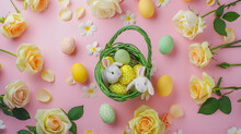 Happy Easter Easter Eggs And Rabbit In Green Basket On Pink Background With White And Yellow Roses Spring Happy Easter Holiday Card  Easter Background With Copy Space Top View : Generative AI