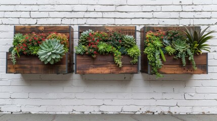 Canvas Print - Walls with plants and succulents arranged in wooden pots against a white brick background