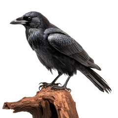 Wall Mural - Black crow standing on tree branch, cut out transparent