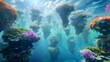 Dreamy Seascape: Floating Islands of Vibrant Marine Life Suspended Above the Ocean Surface