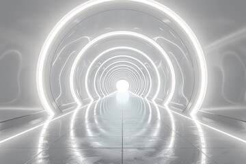 Poster - A modern design of a white tunnel with repeating circular light patterns radiating a futuristic aesthetic