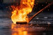 close up of hockey stick hitting a Puck in the form of an burn on fire.