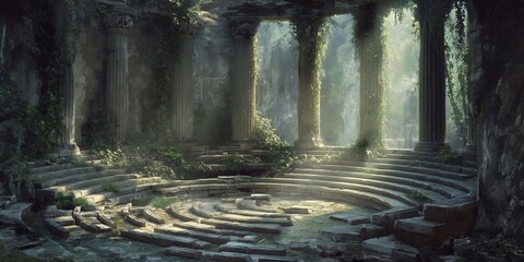 Sunlight streams through a mystical ancient site with classic columns and stone steps