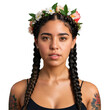 Young Latina woman with braided crown and floral tattoo adorable face pleasing eyes snarling mouth. Essence of diverse femininity.