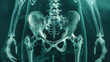 X-ray view of a human skeleton focusing on the hip and spine to depict the effects of osteoporosis