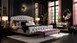Glamorous Hollywood Regency Bedroom: Plan a bedroom with black lacquer walls, mirrored furniture, and accents of vibrant jewel tones, capturing the essence of Old Hollywood glamour