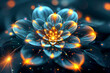 a blue and orange flower with glowing petals on a dark background