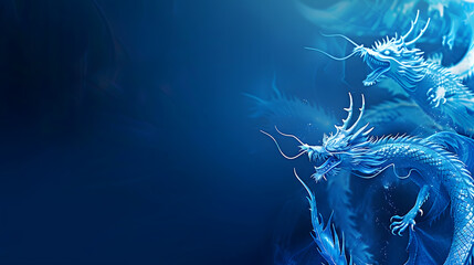 Fototapete - Abstract flying dragons on a dark blue background Technological background for design on the topic of artificial intelligence neural networks big data Copy space : Generative AI