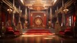 Imperial Chinese Palace Hall:  a resplendent palace hall with crimson and gold accents, intricate woodwork, and a majestic throne, reminiscent of ancient Chinese imperial architecture