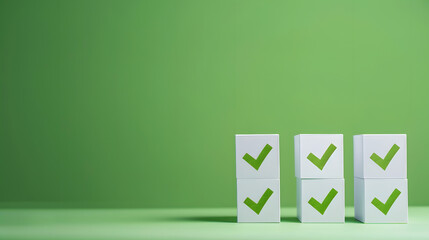 Four checkmarks on white cubes against bright green background with copy space Concept of questionary checklist to do list planning business or verification Creative minimal compositio : Generative AI