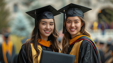 Canvas Print - Graduation Day Smiles: Twin Sisters Celebrate Academic Achievement Outdoors