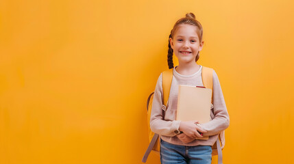 Poster - Study And Technologies Smiling Little Schoolgirl Holding Paper Book And Digital Tablet Happy Cute Preteen Female Child Comparing Options While Standing Isolated Over Yellow Background  : Generative AI