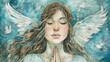 An angel with eyes closed in peaceful prayer surrounded by fluttering doves against a starry backdrop
