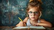 Girl kid with pencil and glasses. education banner. student standing front blackboard. Back to school