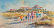 A painting depicting a family strolling along the sandy shore of a beach, enjoying a day out together