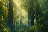 Fototapeta Na ścianę - Morning light filters through the mist in an ancient, verdant forest, casting a tranquil golden glow.