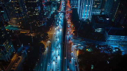 Poster - Urban Nightscape, Drone Image Capturing Atlanta City Lights and Traffic Blur