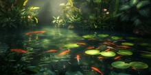 Serene Koi Fish Swim Beneath The Lily Pads In A Tranquil Garden Pond, Encapsulating Peace, Harmony, And Integration With Nature