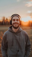 Wall Mural - Young athletic man listening to music with headphones while outdoors in a sporty setting