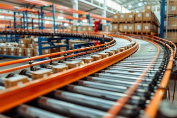 Poster - Automated logistics conveyor belt in warehouse with rows of cardboard e commerce packages
