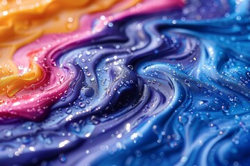 Poster - Close-up view of multi-colored swirls with glistening water droplets, vibrant and dynamic in appearance