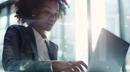 Aufkleber - African American Businesswoman Using Laptop In Modern Office Copy Space : Generative AI